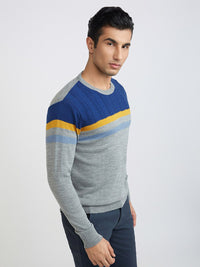 Raymond Men Grey Melange & Blue Colourblocked Pullover