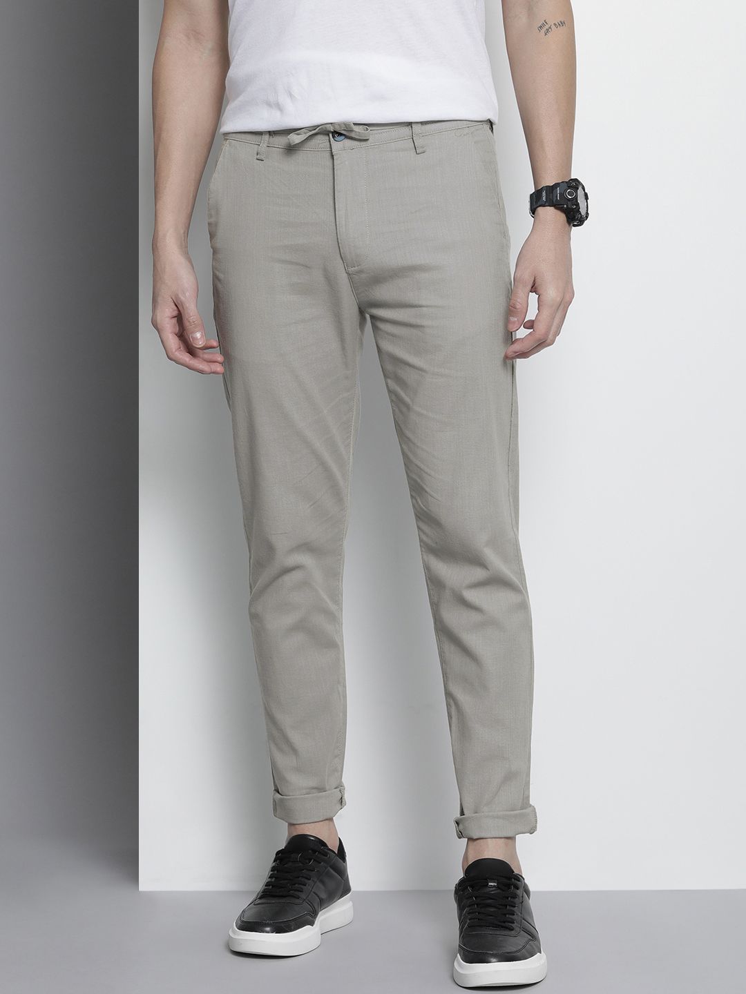 The Indian Garage Co Men Grey Slim Fit Linen Blend Trousers