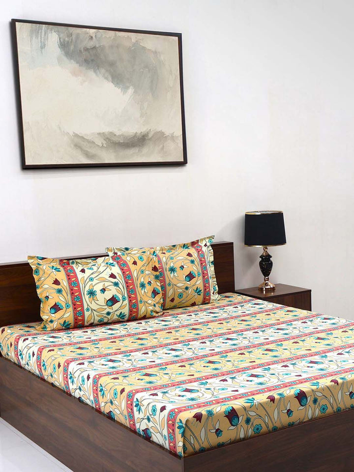 BOMBAY DYEING Cardinal Beige Floral Printed Cotton 120 TC Queen Bedsheet Set 2.54 x 2.24m
