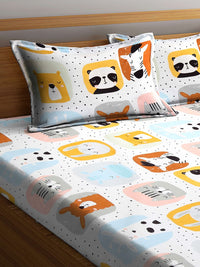 KLOTTHE Kids White & Yellow Printed 300 TC Double King Bedsheet With 2 Pillow Covers