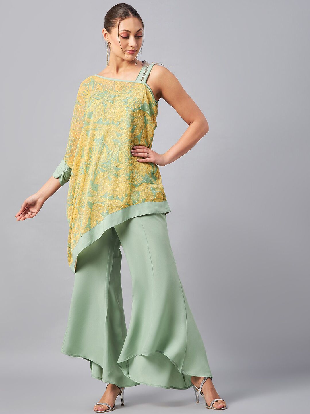 Antheaa Self Design One Shoulder Tunic With Flared Palazzos