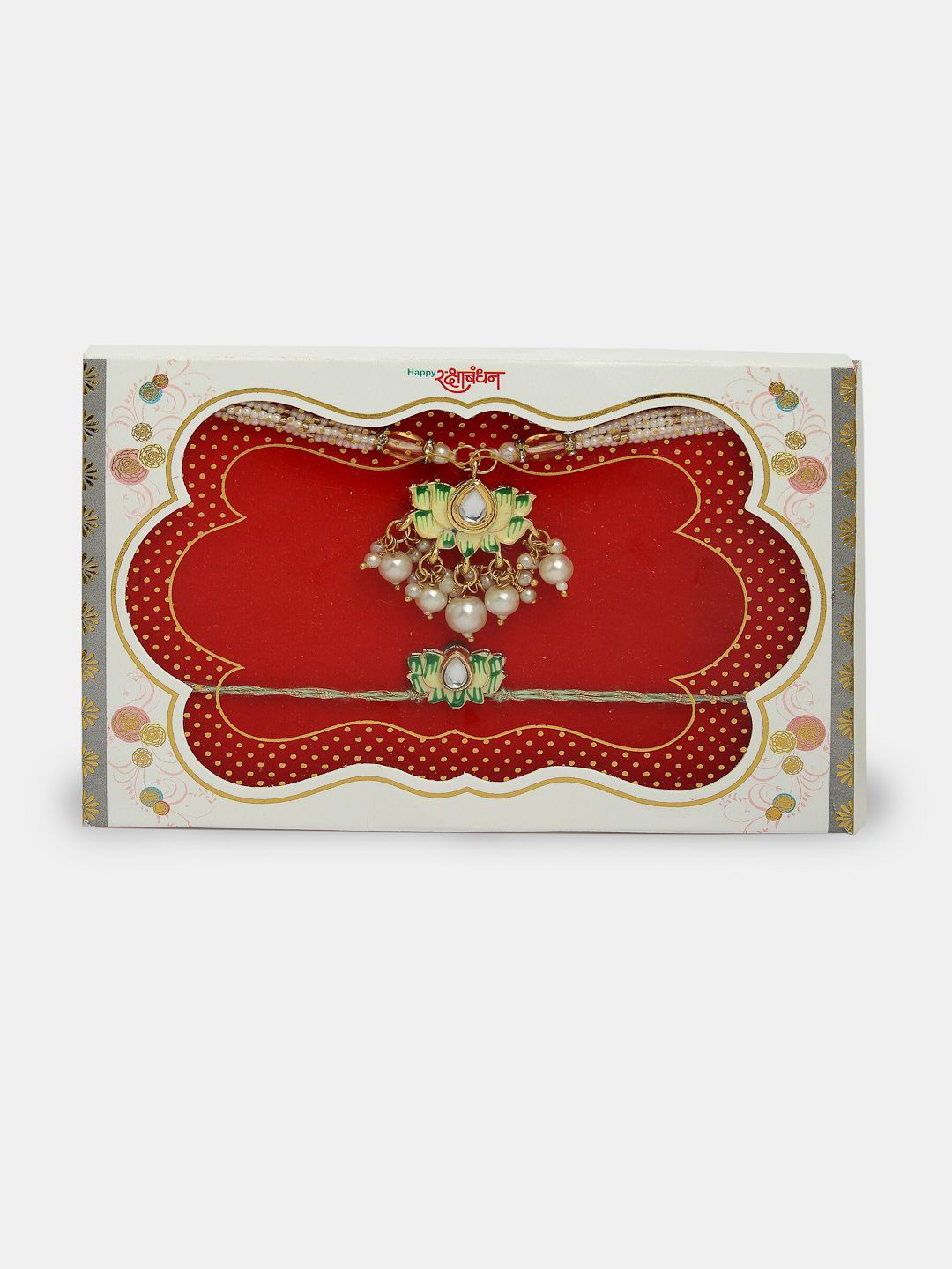 NVR Set of 2 Kundan-Studded & Beaded Wraparound Rakhis With Roli Chawal