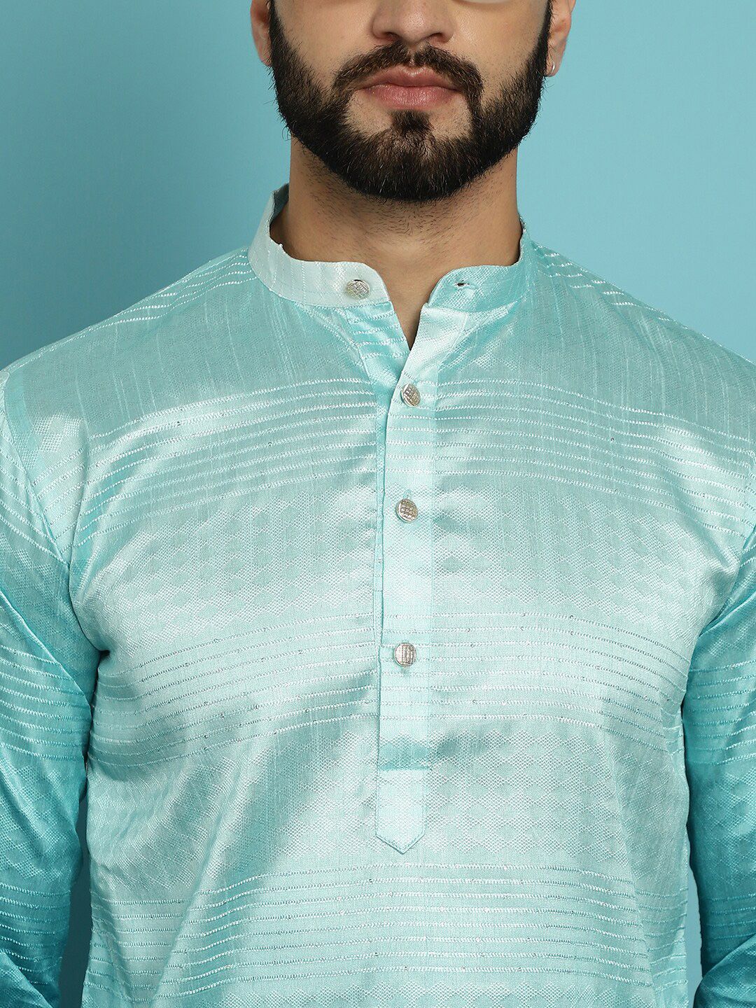 SOJANYA Geometric Woven Design Band Collar Jacquard Silk Kurta With Churidar