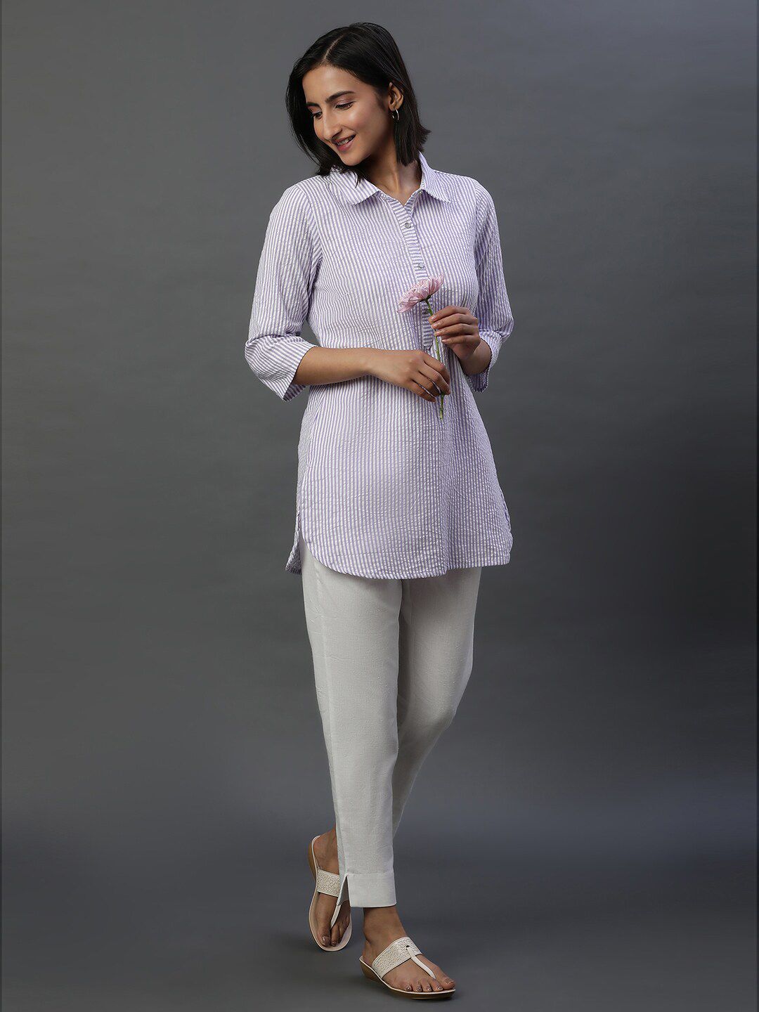 AURELIA Striped Shirt Collar Pure Cotton Kurti