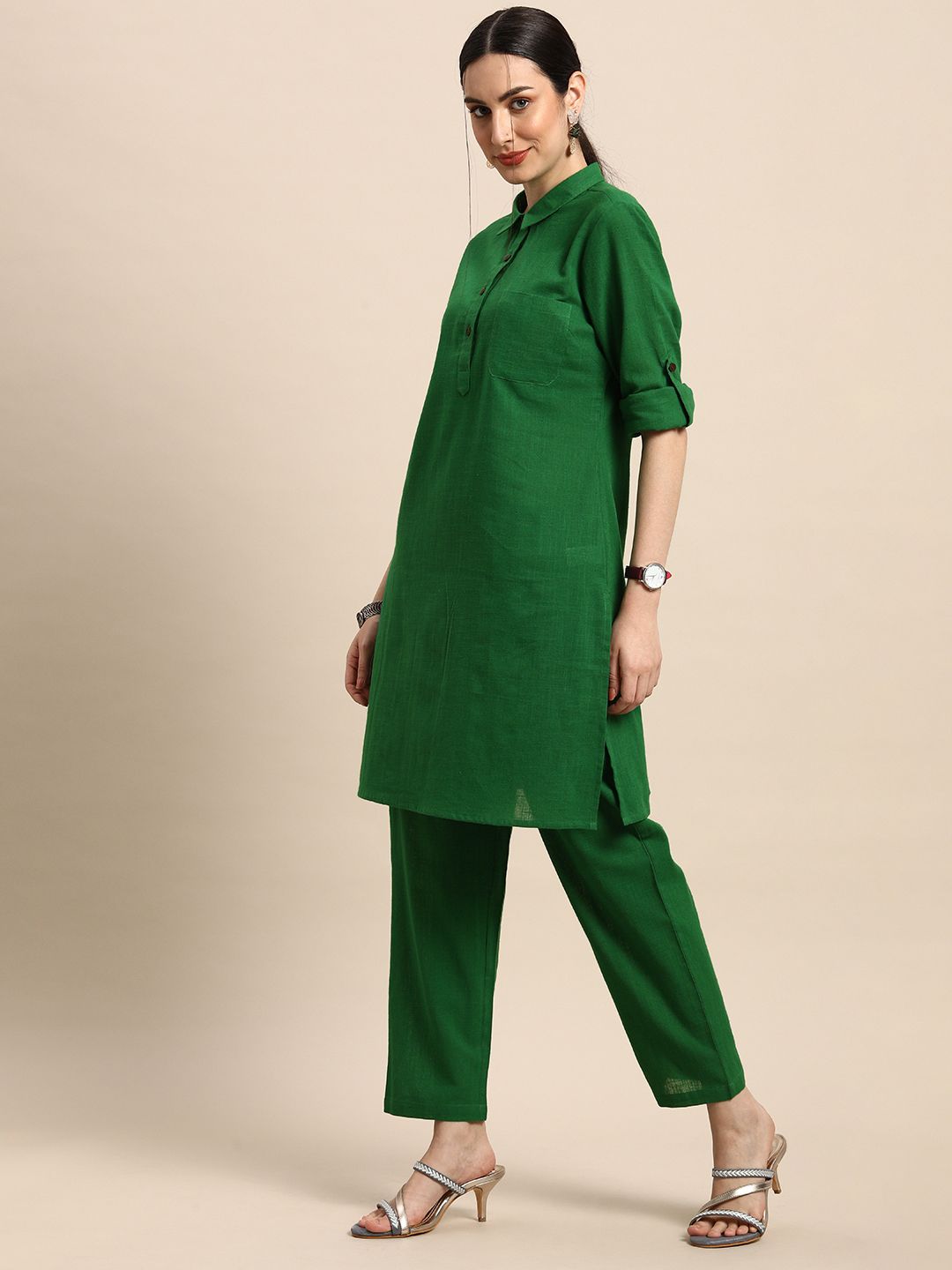 Anouk Women Green Solid Straight Kurta with Trousers