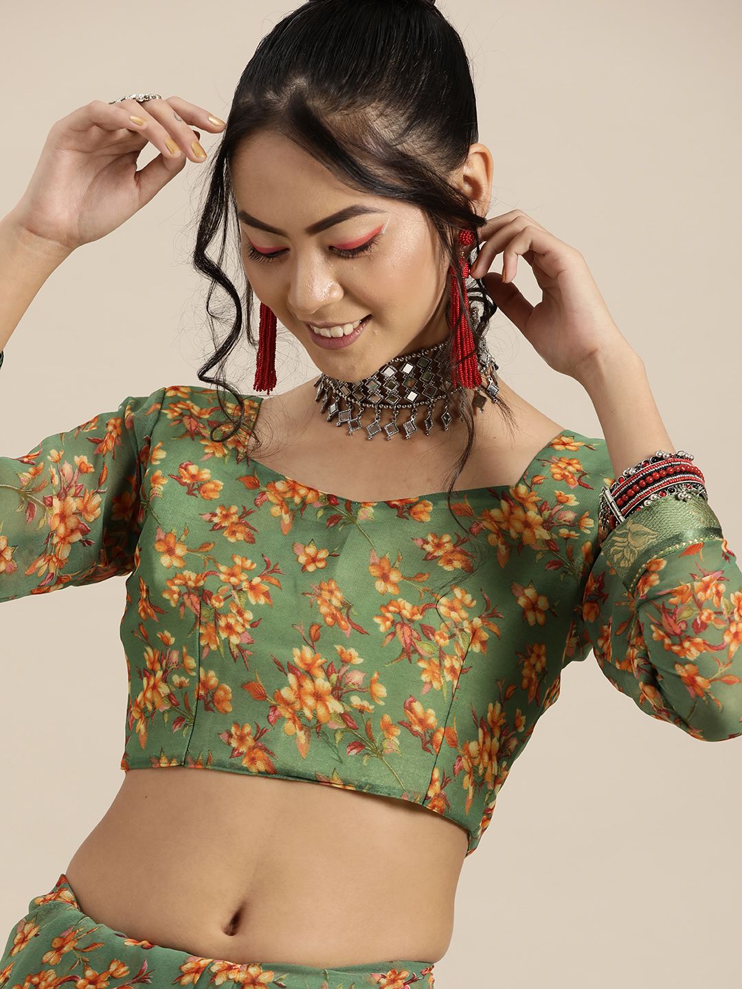 Saree mall Green Orange Poly Georgette Floral Print Bagru Saree