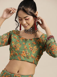 Saree mall Green Orange Poly Georgette Floral Print Bagru Saree