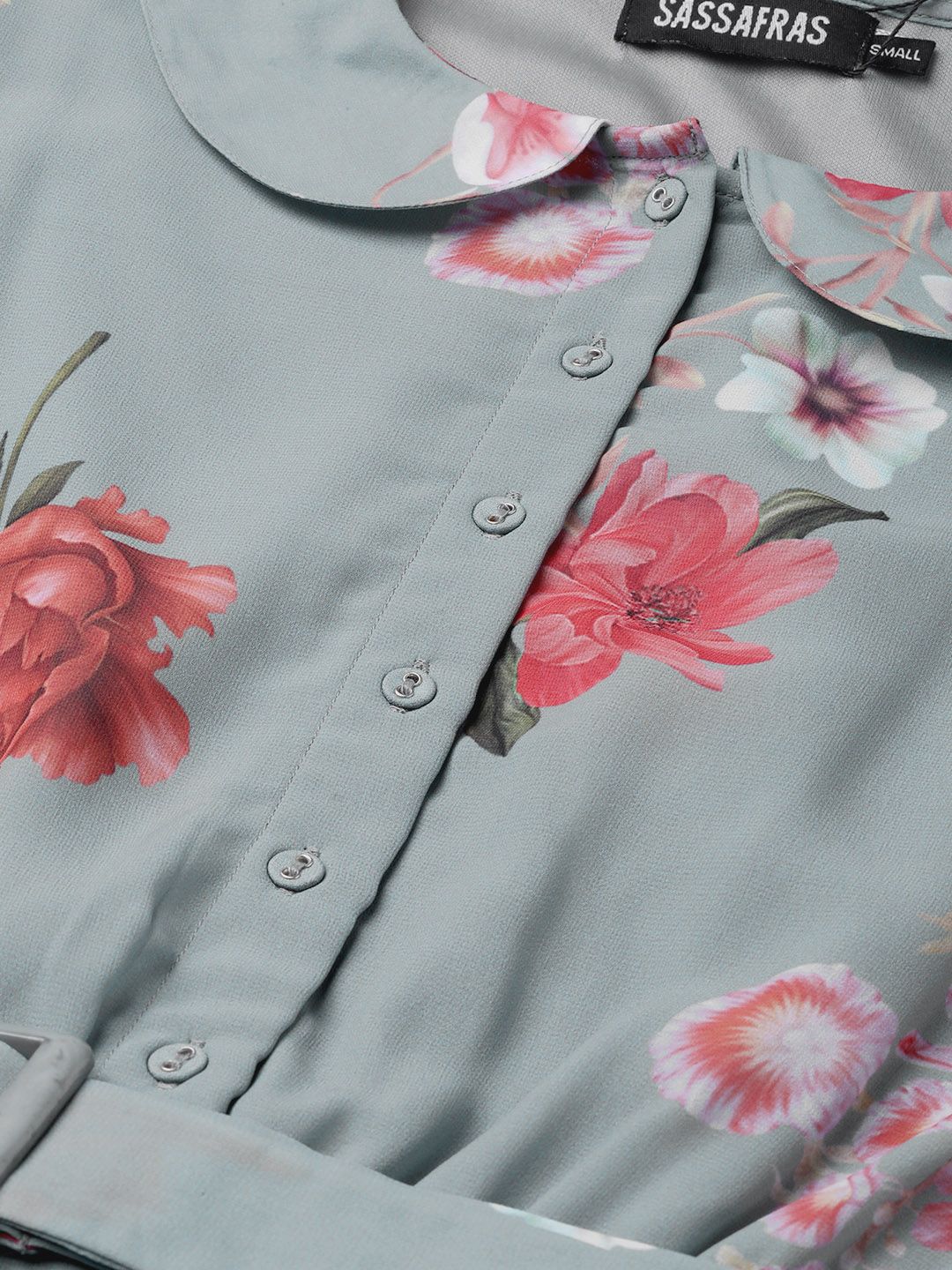 SASSAFRAS Grey & Peach-Coloured Floral Printed Accordian Pleat Fit & Flare Dress
