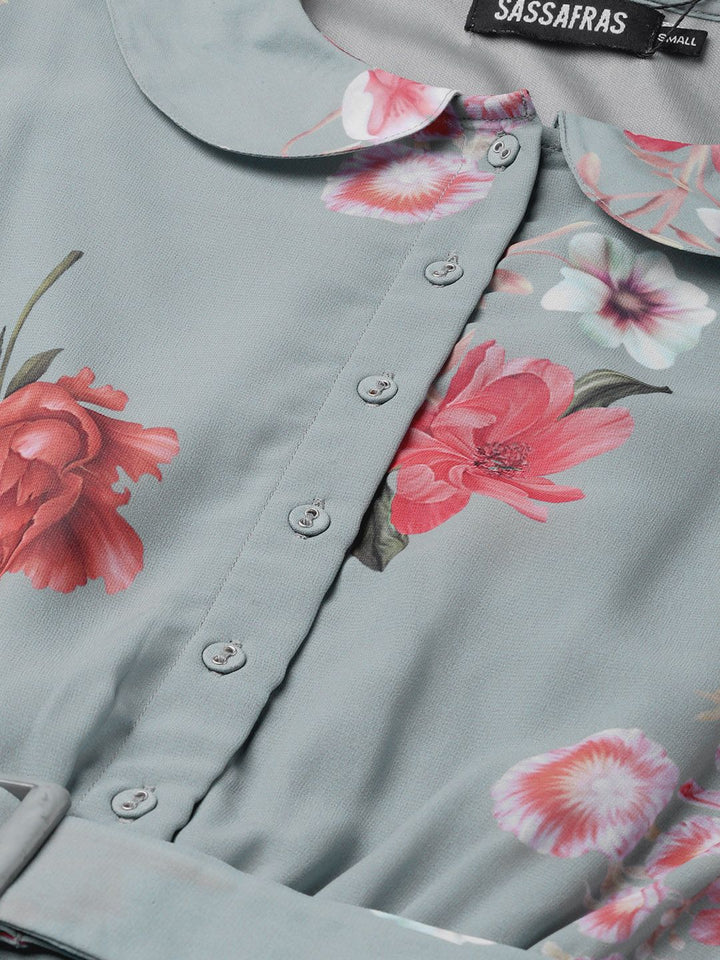 SASSAFRAS Grey & Peach-Coloured Floral Printed Accordian Pleat Fit & Flare Dress