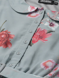 SASSAFRAS Grey & Peach-Coloured Floral Printed Accordian Pleat Fit & Flare Dress