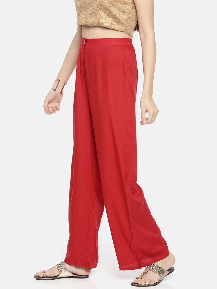 Global Desi Women Red Regular Fit Solid Parallel Trousers