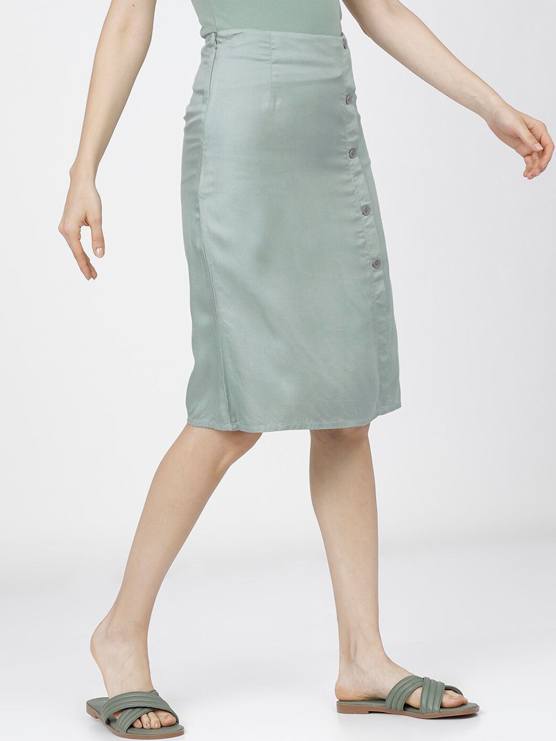 Tokyo Talkies Women Green Solid Midi-Length Wrap Skirt