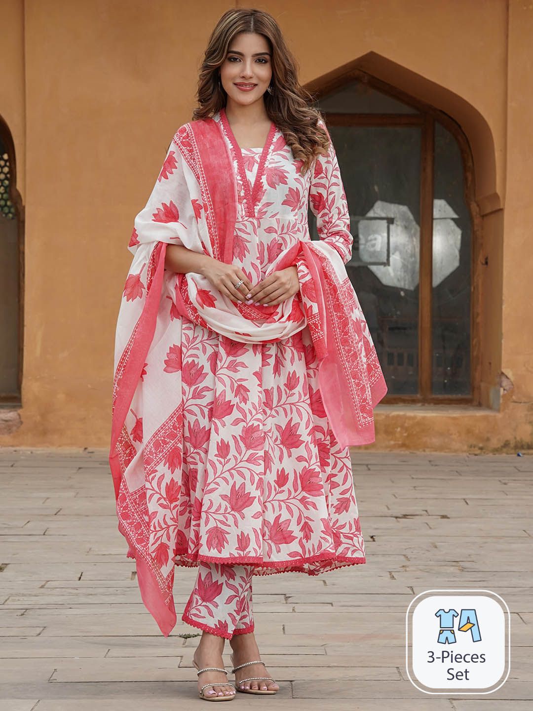 KALINI Floral Printed V-Neck Regular Kurta With Trousers & Dupatta