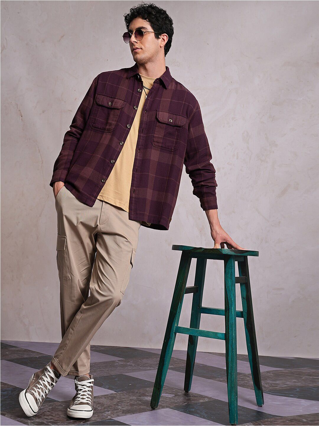 LOCOMOTIVE Dobby Textured Checked Utility Pocket Over Shirt
