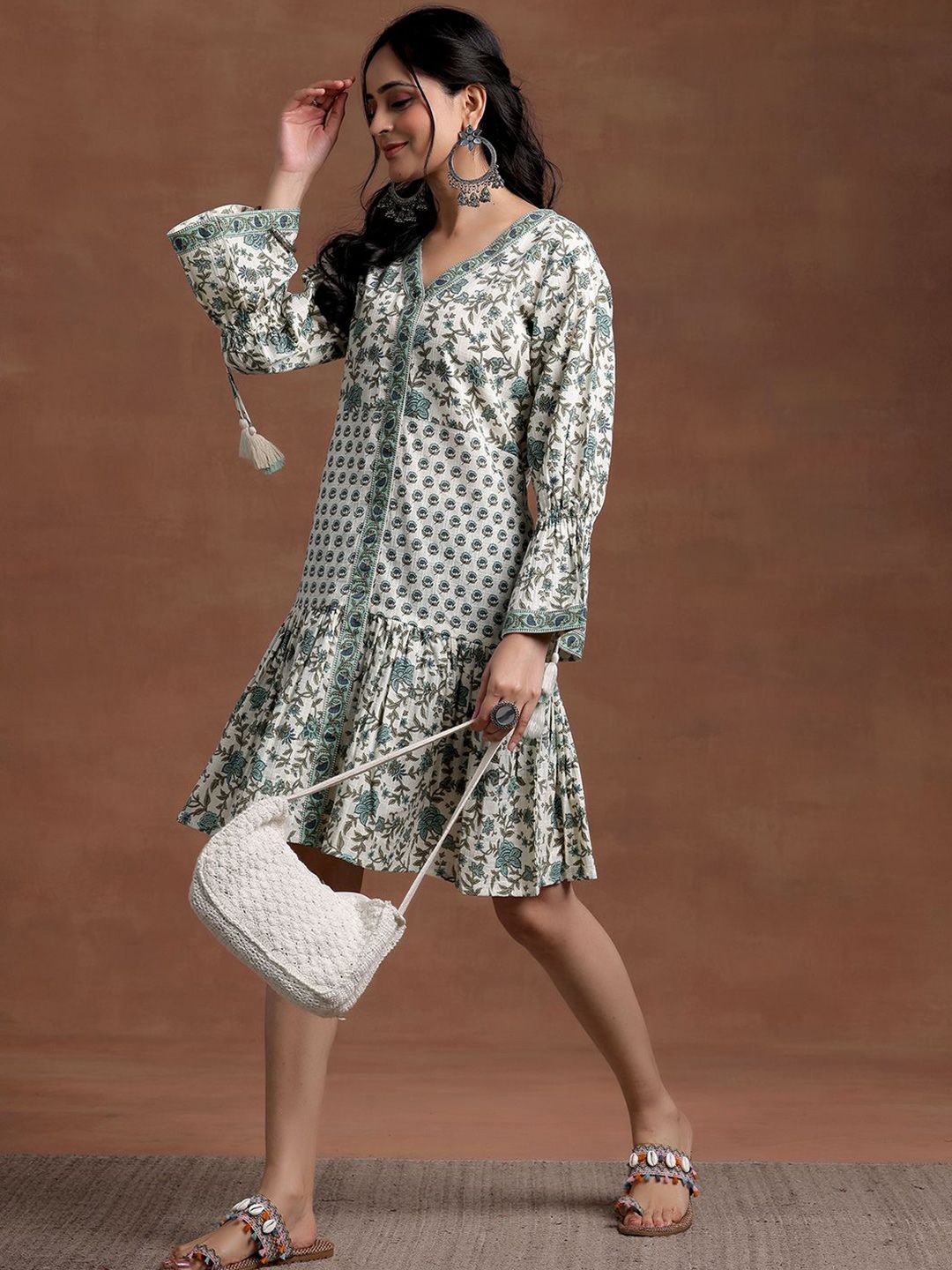 Libas Floral Printed V-Neck Bell Sleeves Cotton A-Line Ethnic Dress