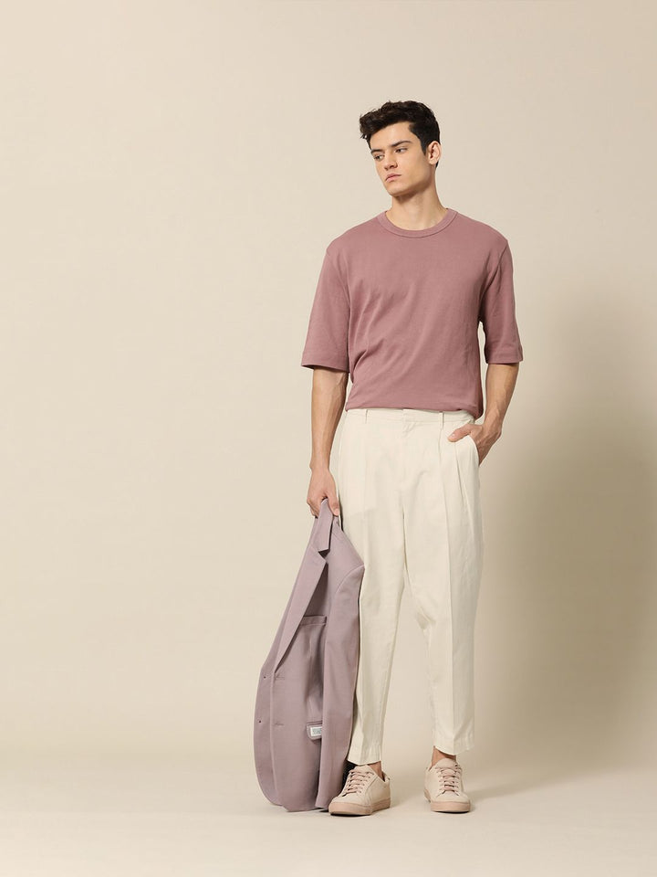 Mr Bowerbird Men Cream-Coloured Oversized Fit Mid-Rise Elephant Ankle Pleated Trousers