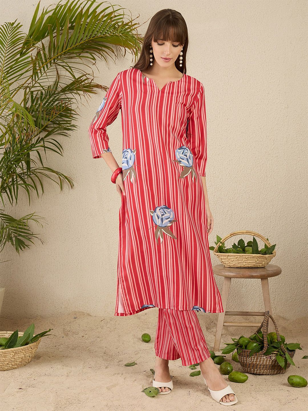 Indo Era Women Solid V-Neck Regular Kurta with Trousers