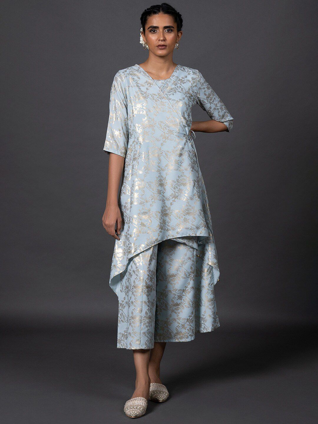 W Women Blue & Gold-Toned Printed Basic Layered Jumpsuit