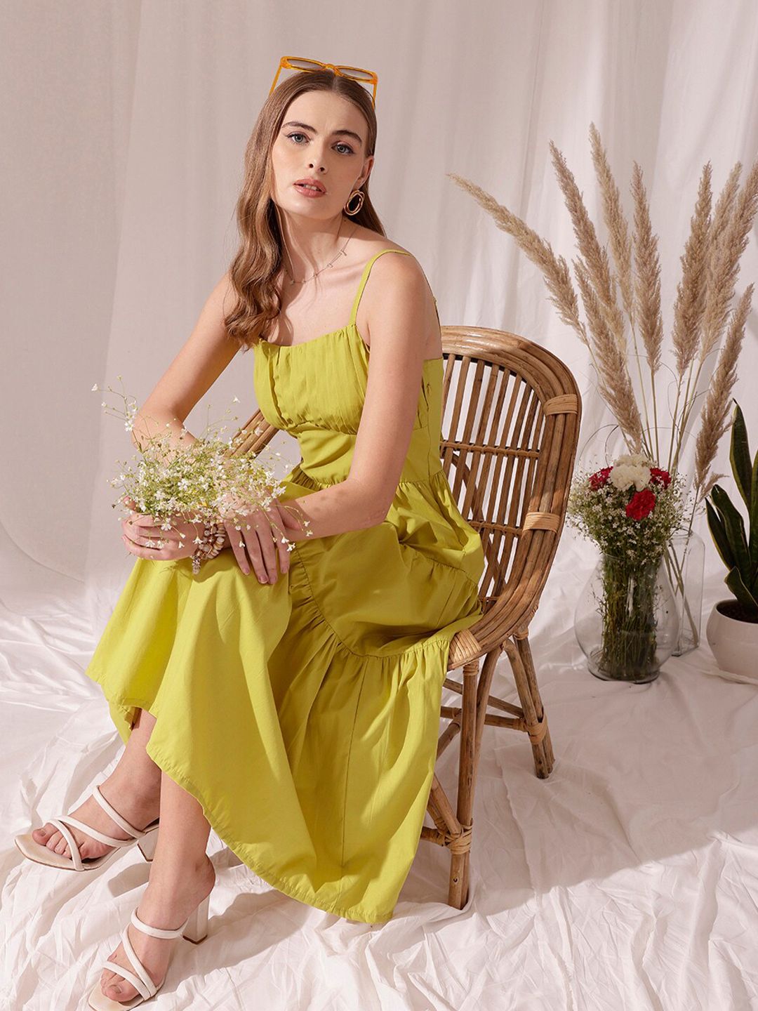 STREET 9 Shoulder Strap Pleated Pure Cotton A-Line Tiered Midi Dress