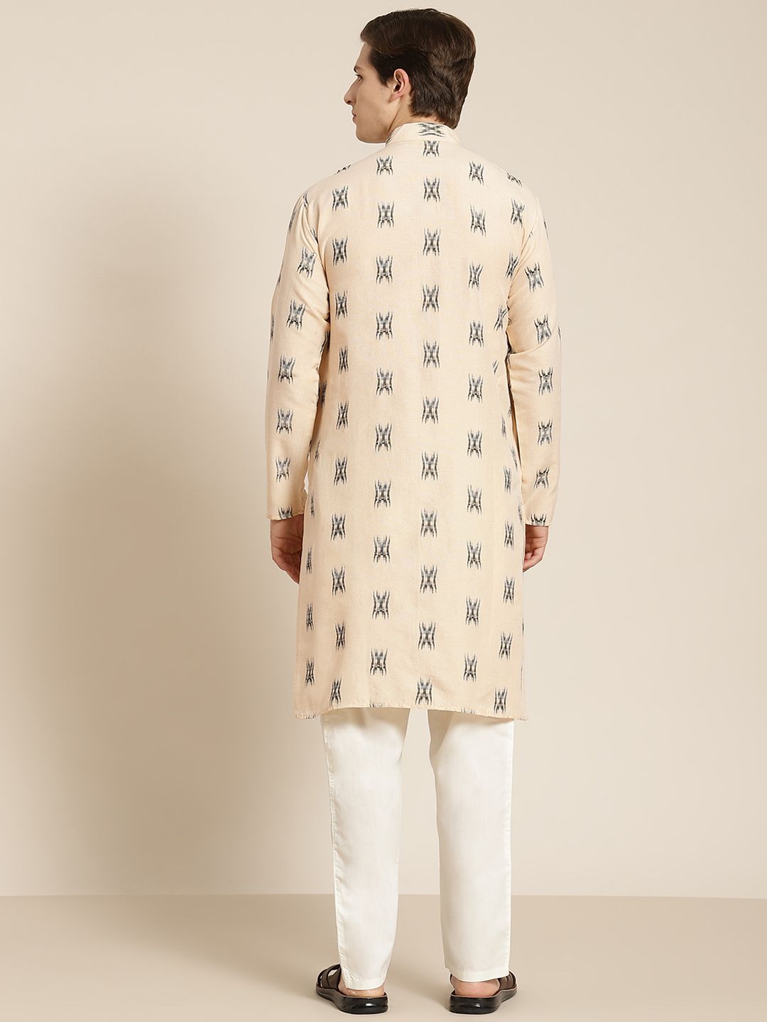 SOJANYA Men Beige & Black Pure Cotton Self Design Kurta