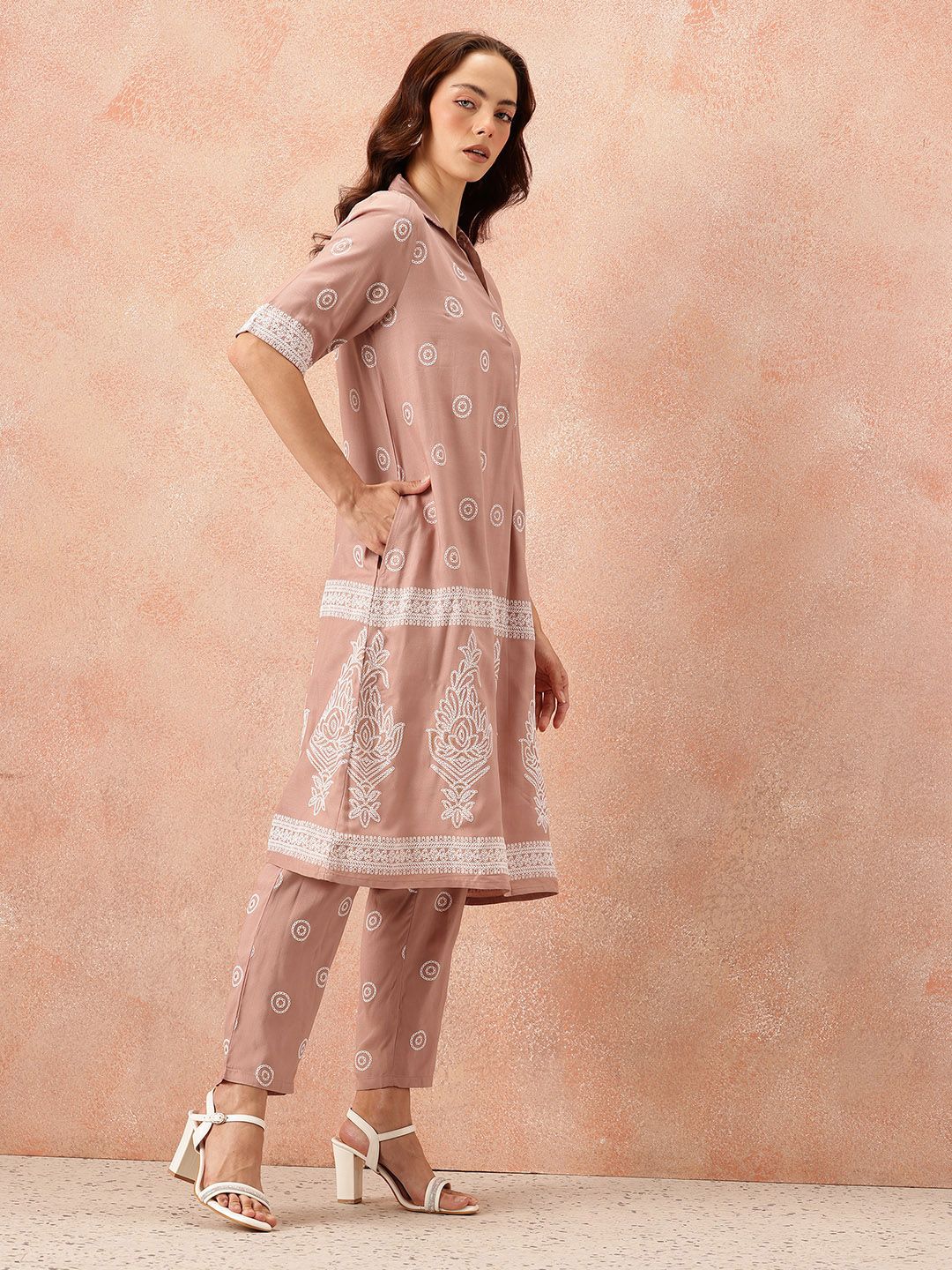 all about you Ethnic Motifs Printed Shirt Collar A-Line Kurta with Trousers