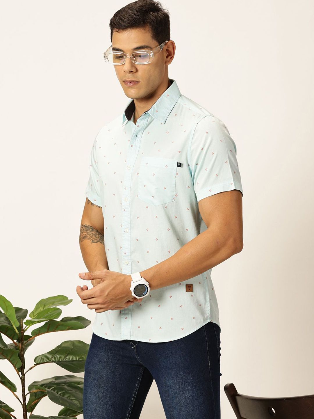 Thomas Scott Men Premium Spread Collar Micro Ditsy Printed Cotton Slim Fit Casual Shirt