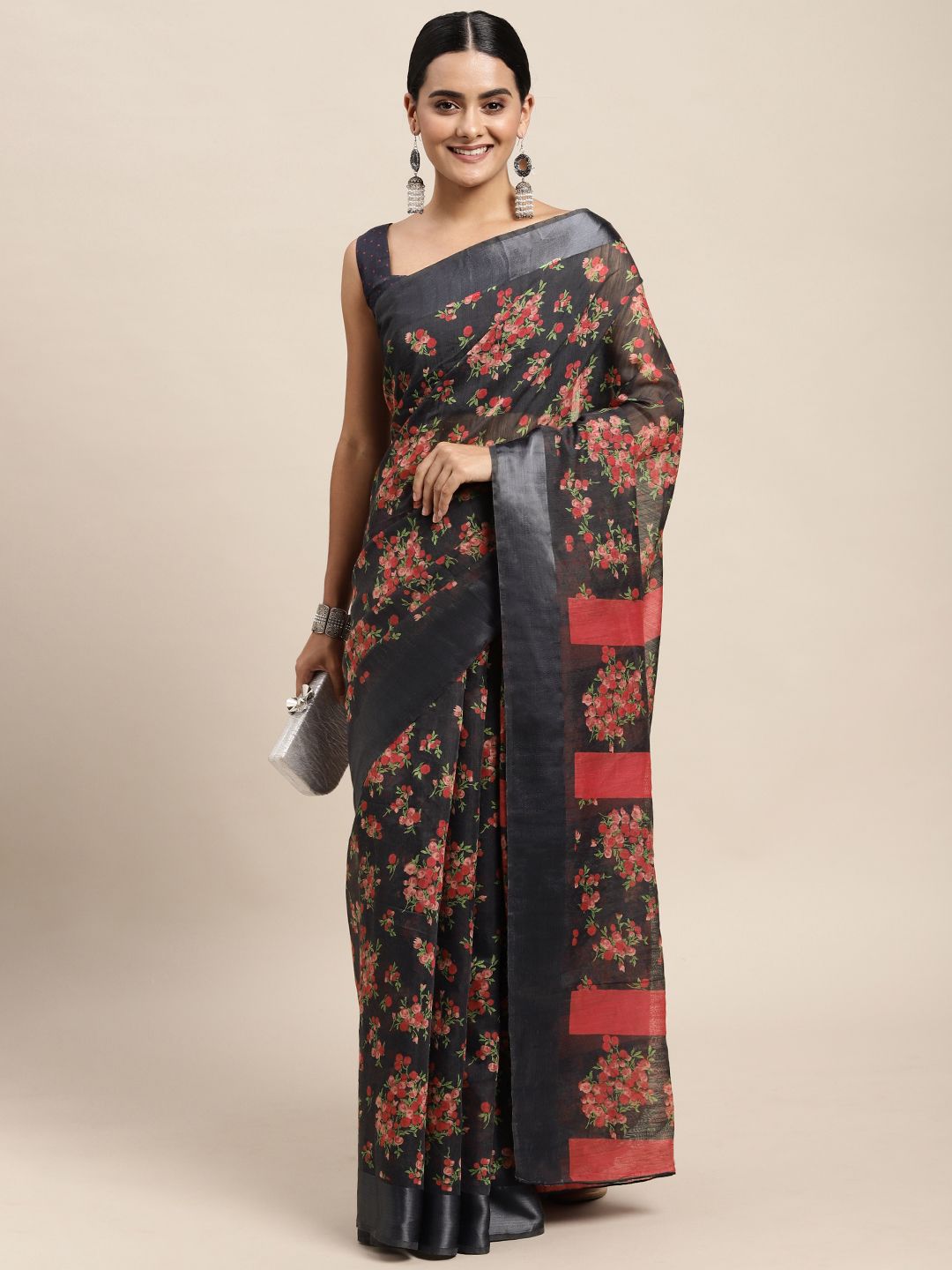 Saree mall Grey & Pink Floral Print Silk Cotton Saree