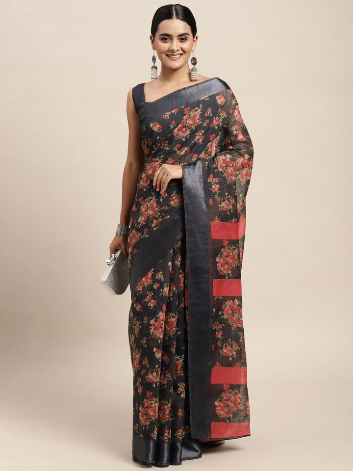 Saree mall Grey & Pink Floral Print Silk Cotton Saree
