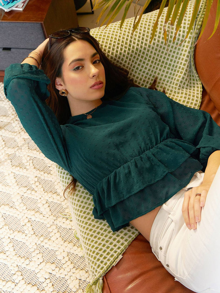 SASSAFRAS Green Self Design Bell Sleeve Peplum Top
