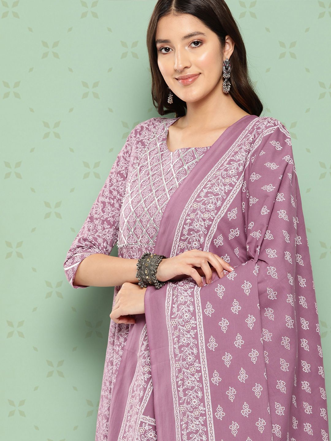 KALINI Women Ethnic Motifs Printed Empire Gotta Patti Kurta with Trousers & With Dupatta