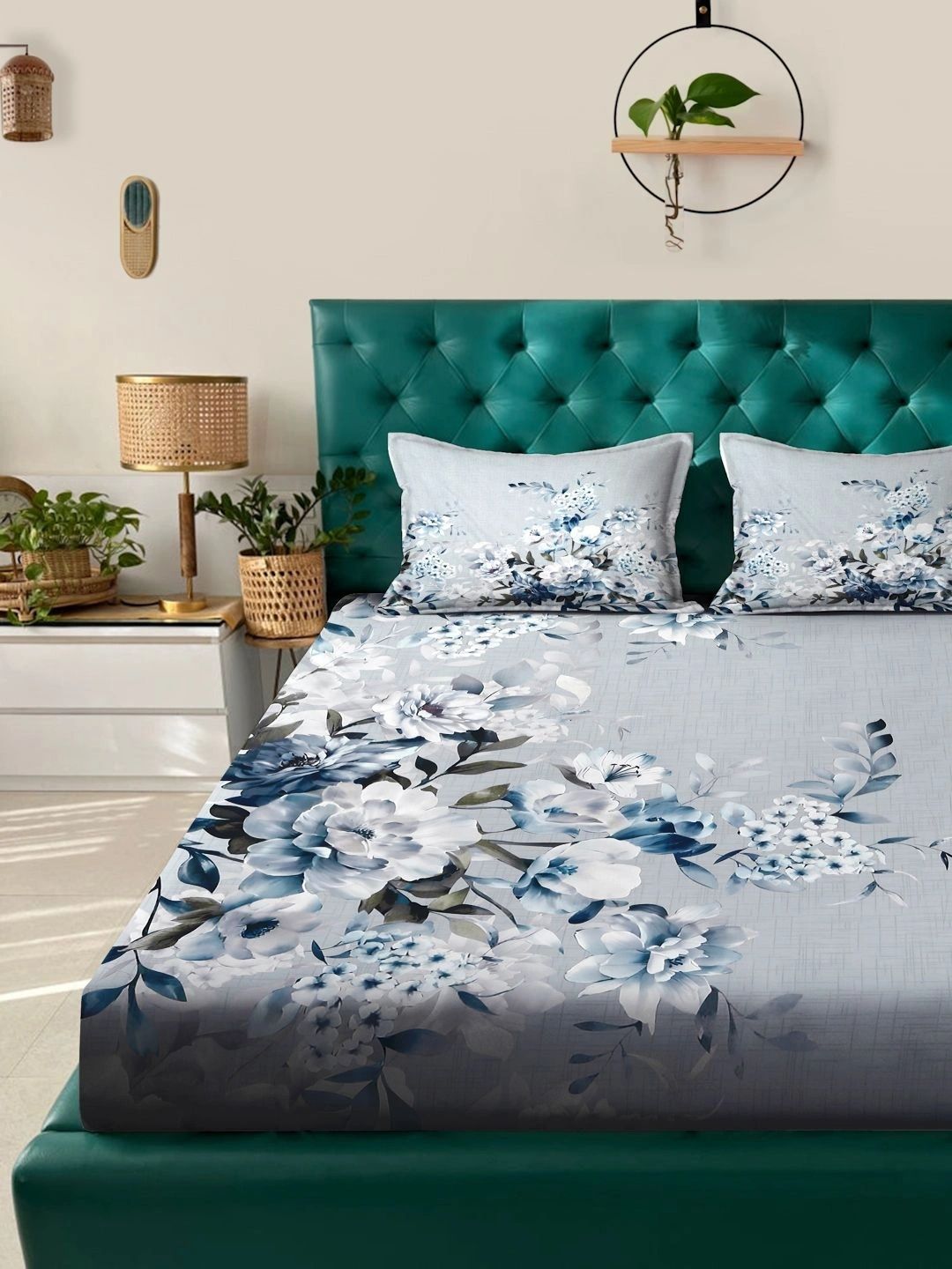 Moda Rapido X KLOTTHE Grey & Blue Floral 400 TC Bedsheet with 2 Pillow Covers
