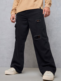 Bewakoof Men Black Straight Fit High-Rise Mildly Distressed Cargo Styles Jeans