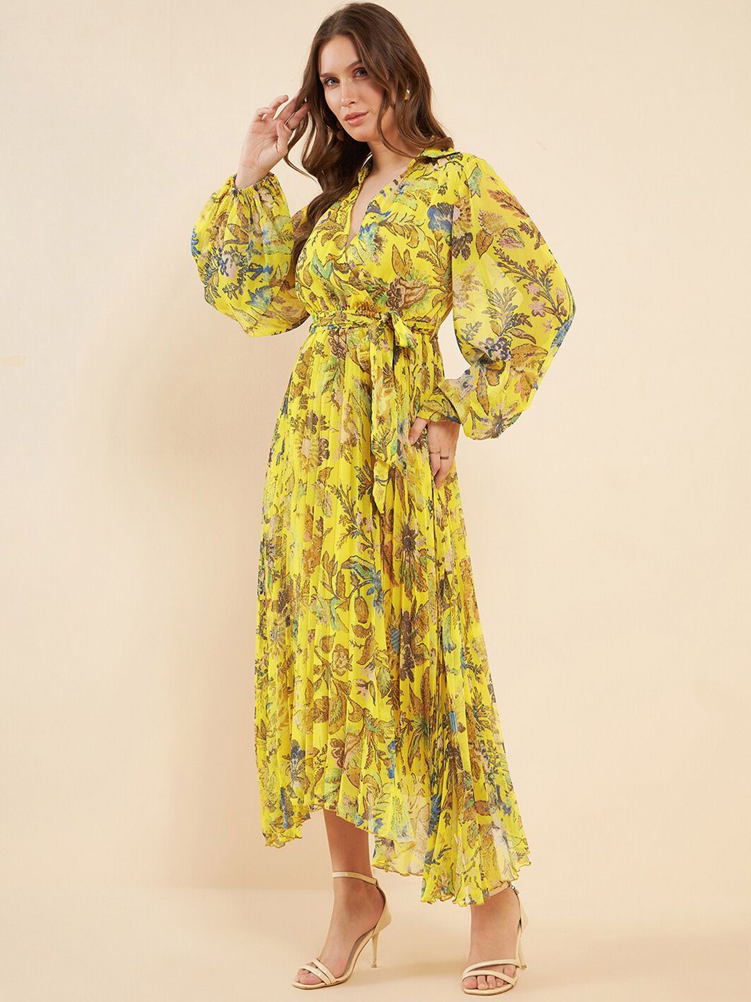 Antheaa Yellow Printed Pleated Puff Sleeves Belted Chiffon Fit & Flare Midi Dress