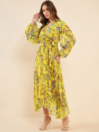 Antheaa Yellow Printed Pleated Puff Sleeves Belted Chiffon Fit & Flare Midi Dress