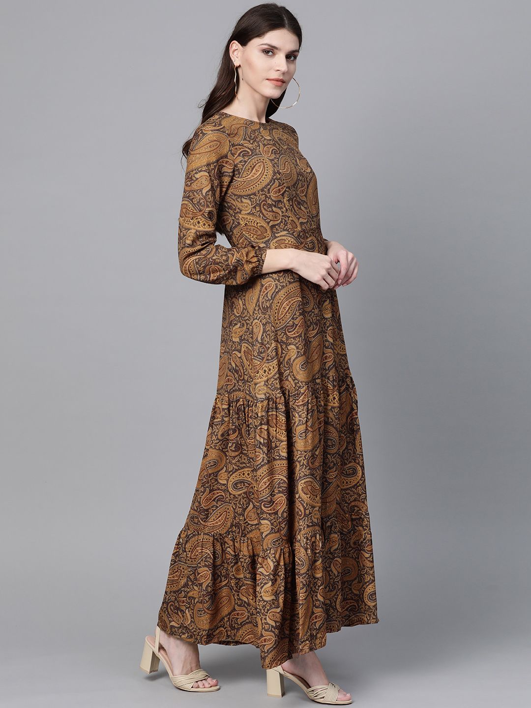 SASSAFRAS Brown & Black Ethnic Motifs Print Maxi Dress