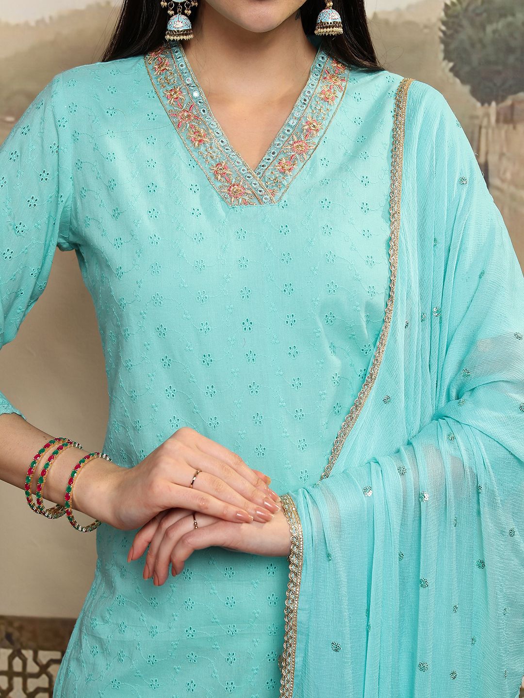 Vishudh Women Ethnic Motifs Embroidered  Thread Work Kurta with Trousers & With Dupatta