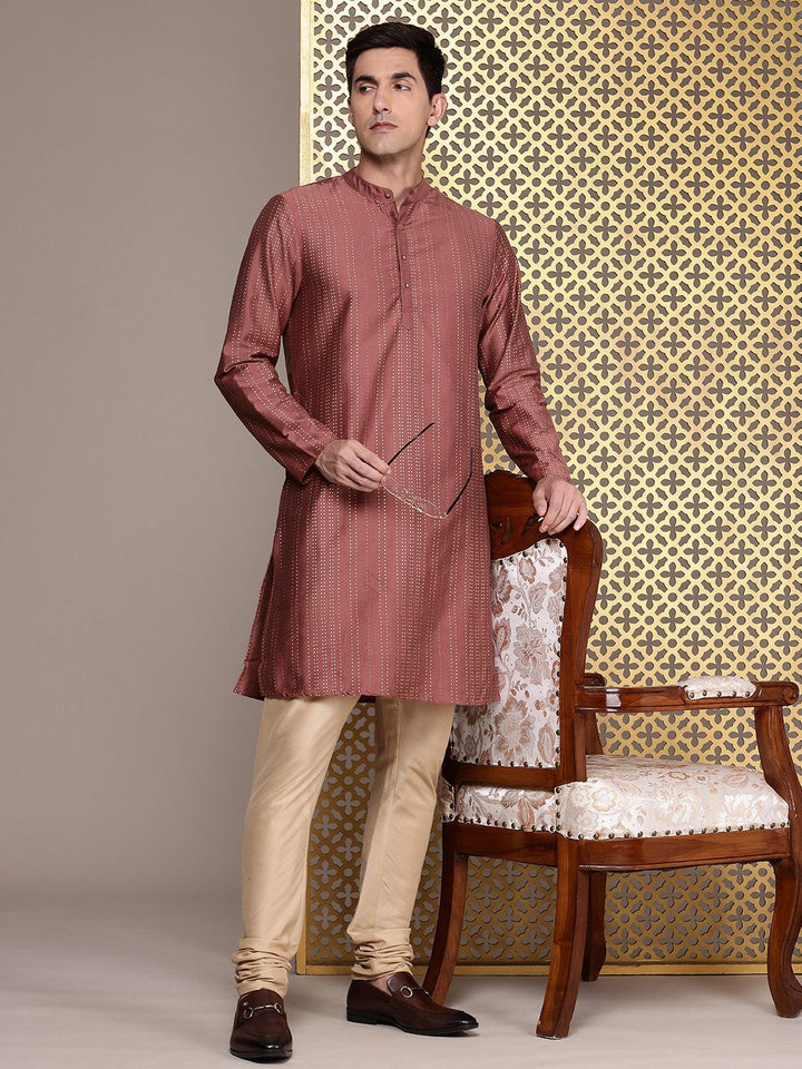 House of Pataudi Band Collar Striped Straight Rozana Kurta