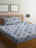 KLOTTHE Blue Geometric Pure Cotton 400 TC King Superfine Bedsheet with 2 Pillow Covers-98 x 89 inches