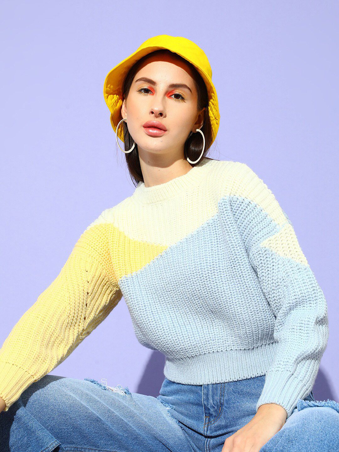STREET 9 Women Blue & Yellow Colourblocked Pullover