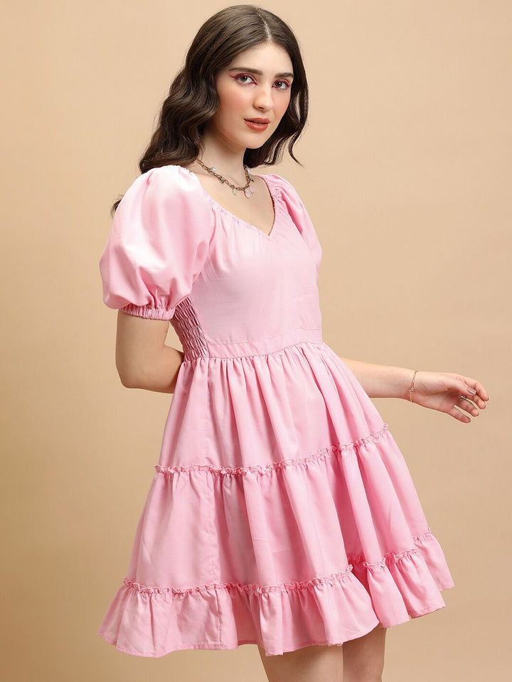Tokyo Talkies Pink V-Neck Puff Sleeves Smocked Tiered Fit & Flare Dress