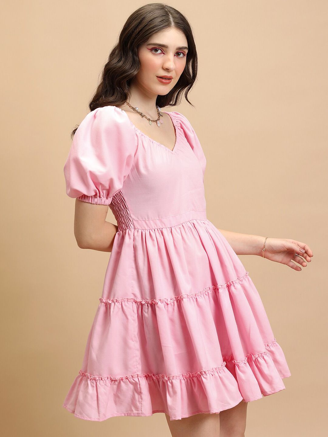 Tokyo Talkies Pink V-Neck Puff Sleeves Smocked Tiered Fit & Flare Dress