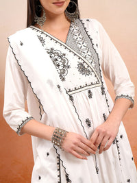 Vishudh Off White Floral Embroidered Pure Cotton Anarkali Kurta With Trousers & Dupatta