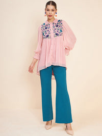 Antheaa Pink Self Design Embroidered Top & Palazzos