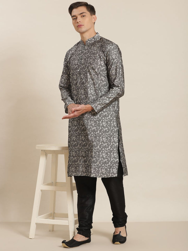 SOJANYA Men Grey Geometric Woven Design Straight Kurta