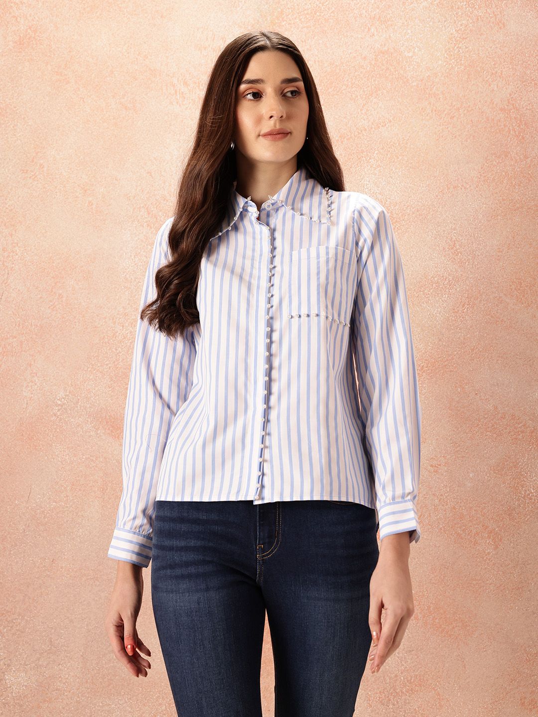 all about you Studded Striped Pocket Detail Casual Shirt