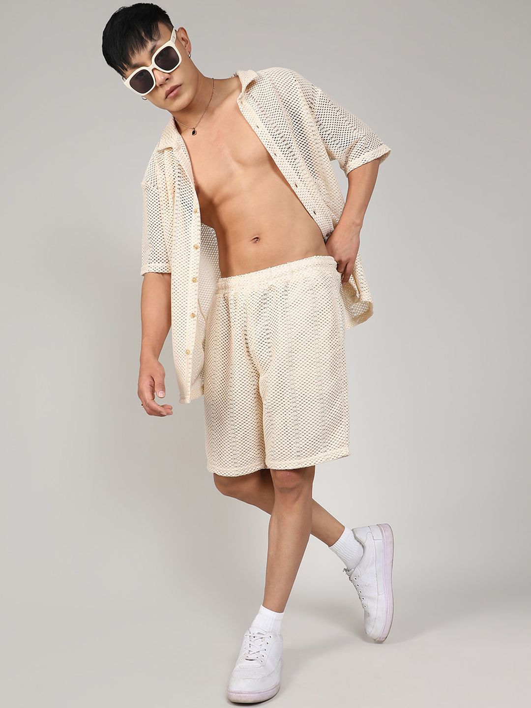 Campus Sutra White Short Sleeves Pure Cotton Crochet Shirt & Short