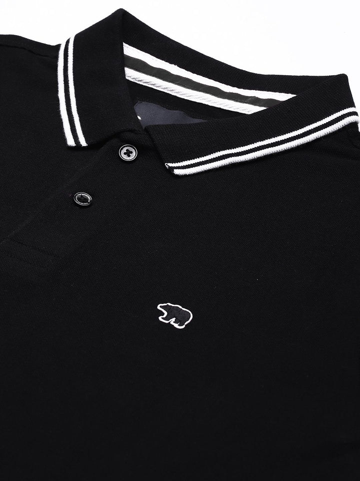 THE BEAR HOUSE Men Black Polo Collar with Tipping Pure Cotton Slim Fit T-shirt