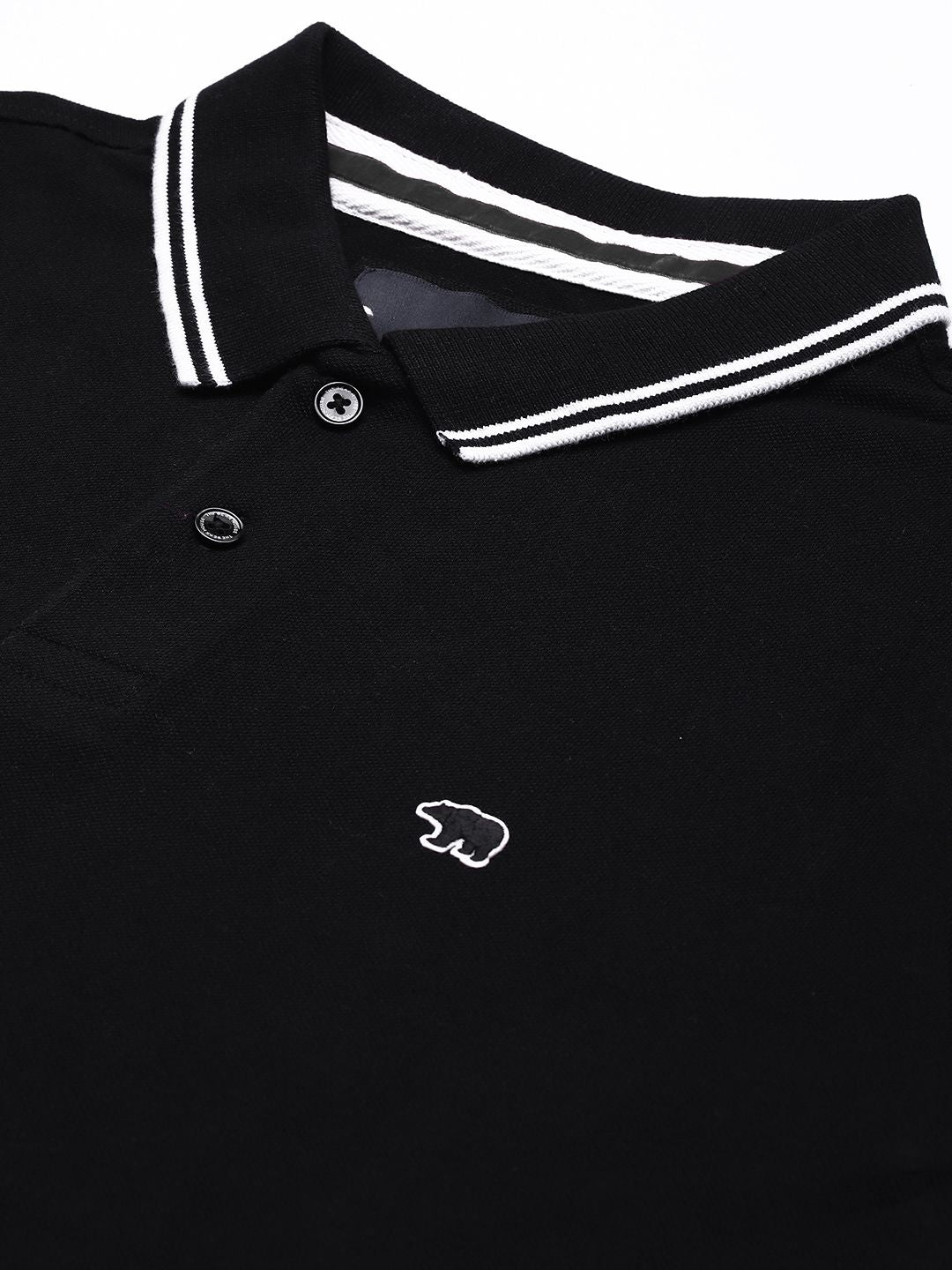 THE BEAR HOUSE Men Black Polo Collar with Tipping Pure Cotton Slim Fit T-shirt