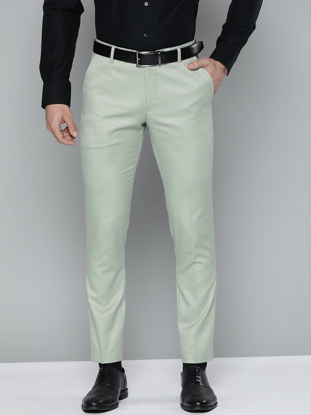 DENNISON Men Green Solid Smart Auto Fit Waist Formal Trousers
