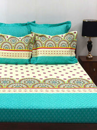 BOMBAY DYEING Celebrating India SeaGreen Print 300TC Cotton King Bedsheet & 4 Pillow Cover